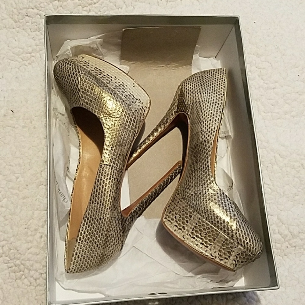 Gold snakeskin platform heels